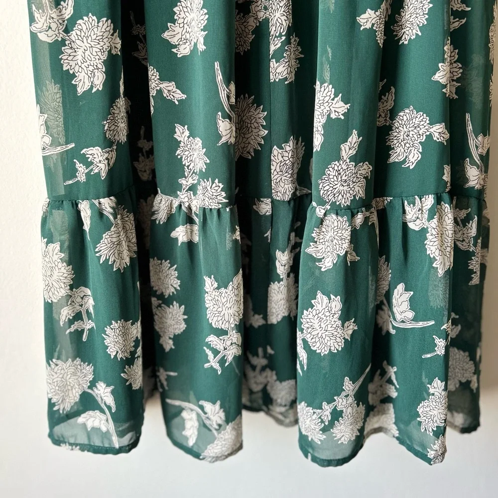 LULU’S Green White Floral Midi Dress | Sheer Sleeve | Mock Neck | Fit Flowy Glam - Picture 11 of 12